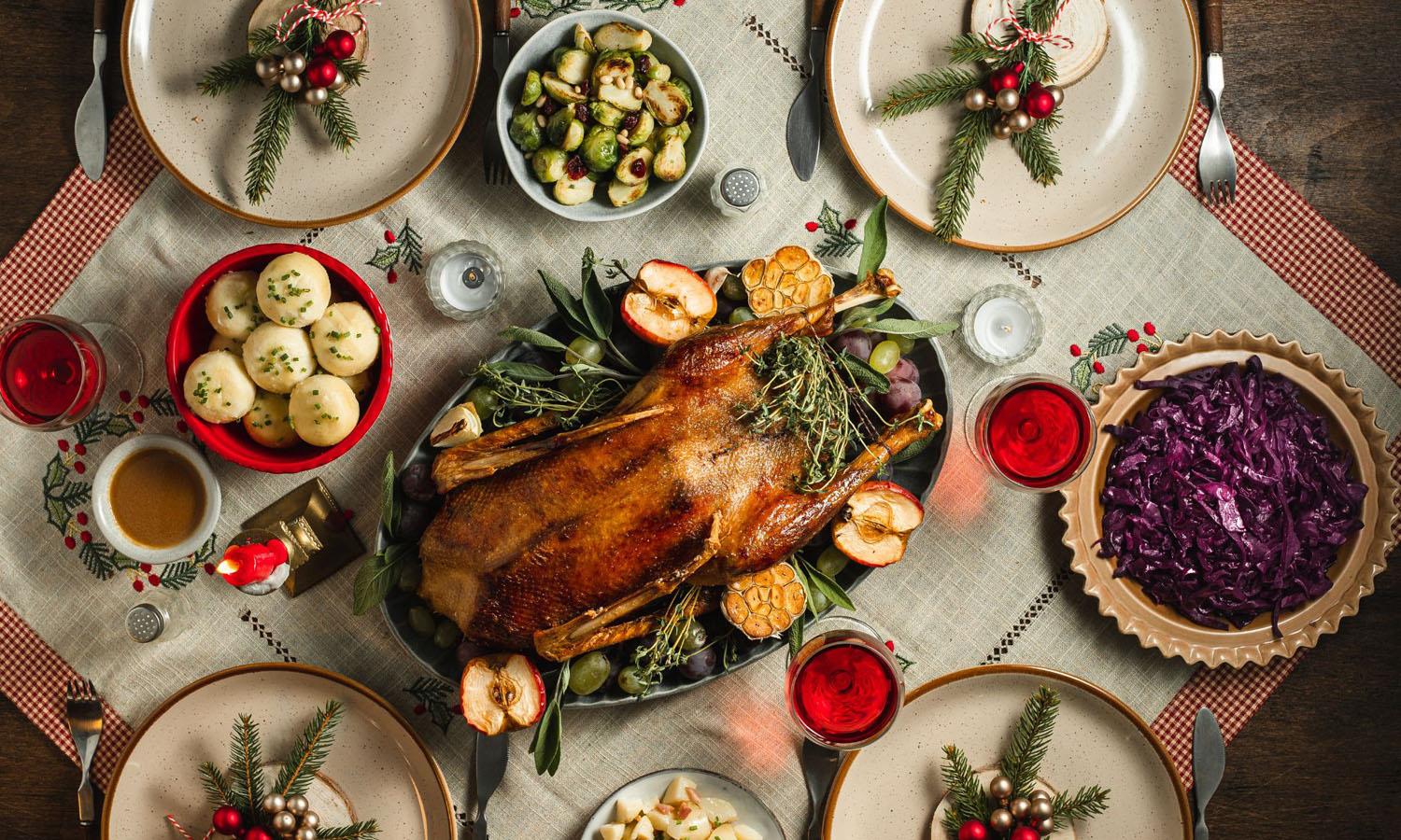 Christmas lunch laid out on a dining table